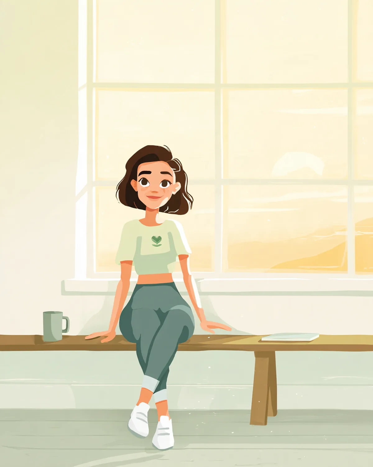 Sanomi, the companion, sitting on a bench by a window